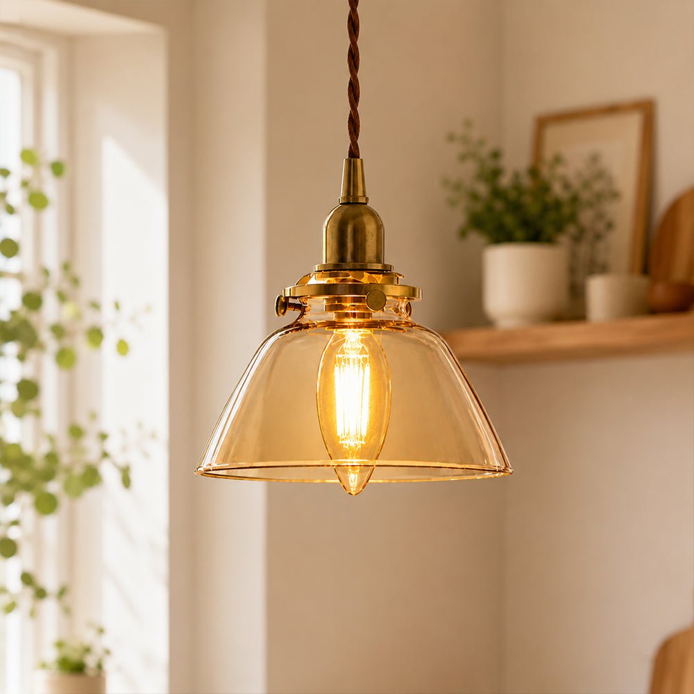 Lámpara colgante de campana de vidrio plisado claro retro vintage de 1 luz