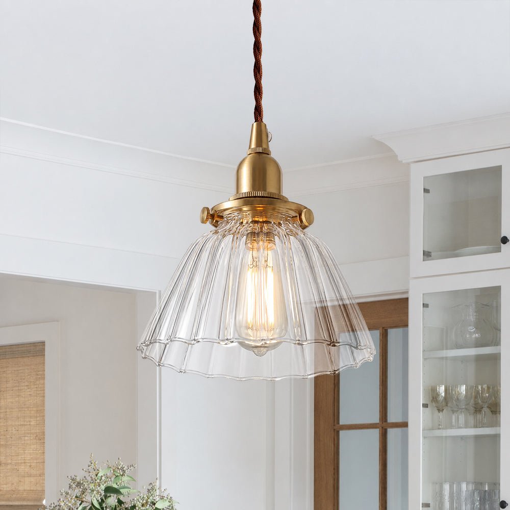 Lámpara colgante de campana de vidrio plisado claro retro vintage de 1 luz