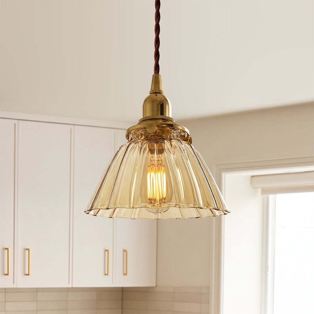 Lámpara colgante de campana de vidrio plisado claro retro vintage de 1 luz