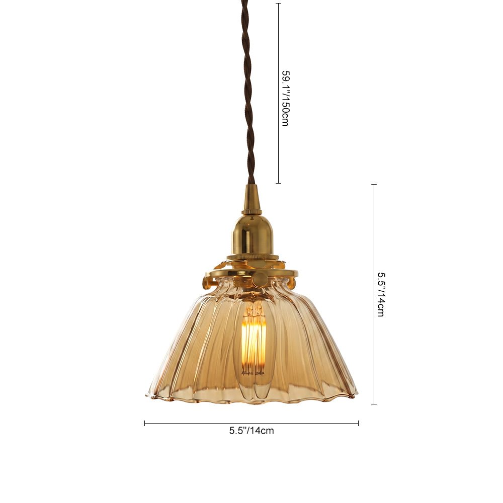 Lámpara colgante de campana de vidrio plisado claro retro vintage de 1 luz