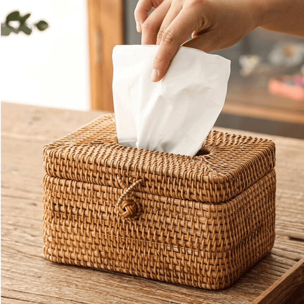 DECORATT – Soporte para caja de pañuelos de tejido de ratán con aspecto hecho a mano y estilo funcional