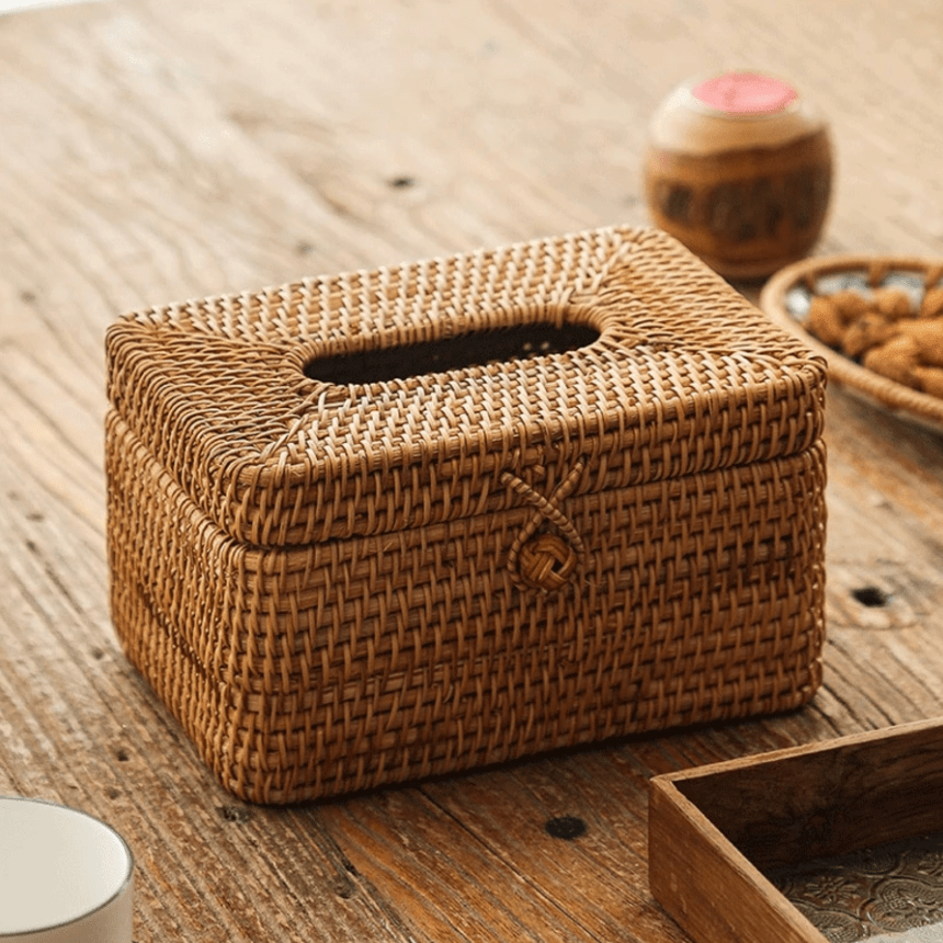 DECORATT – Soporte para caja de pañuelos de tejido de ratán con aspecto hecho a mano y estilo funcional