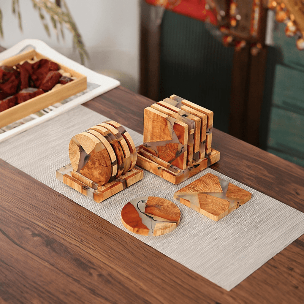 Juego de Posavasos de Madera Sólida con Acentos de Diseño Japonés