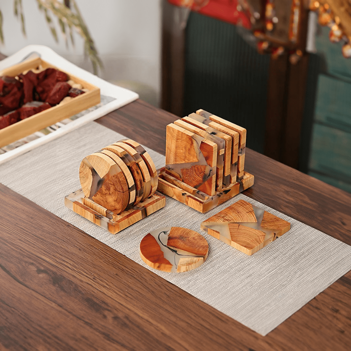 Juego de Posavasos de Madera Sólida con Acentos de Diseño Japonés