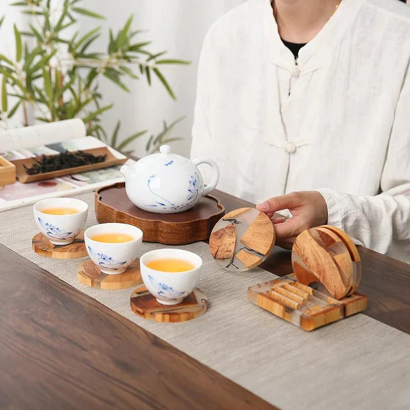 Juego de Posavasos de Madera Sólida con Acentos de Diseño Japonés