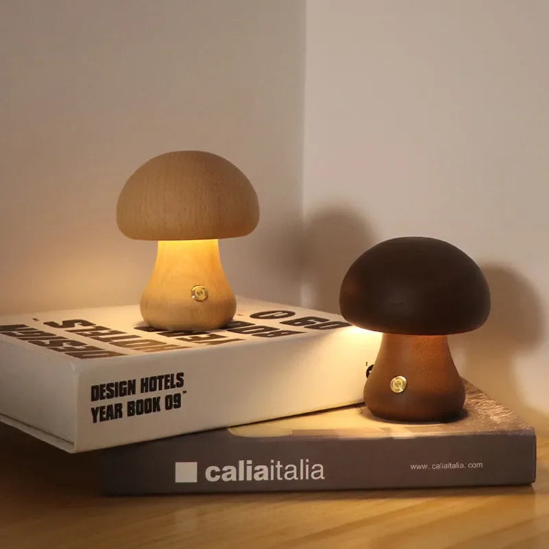Lámpara de mesa recargable de madera | Forma de hongo | Luz LED