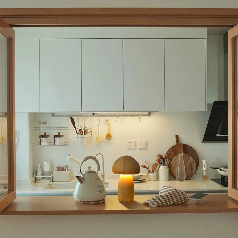 Lámpara de mesa recargable de madera | Forma de hongo | Luz LED