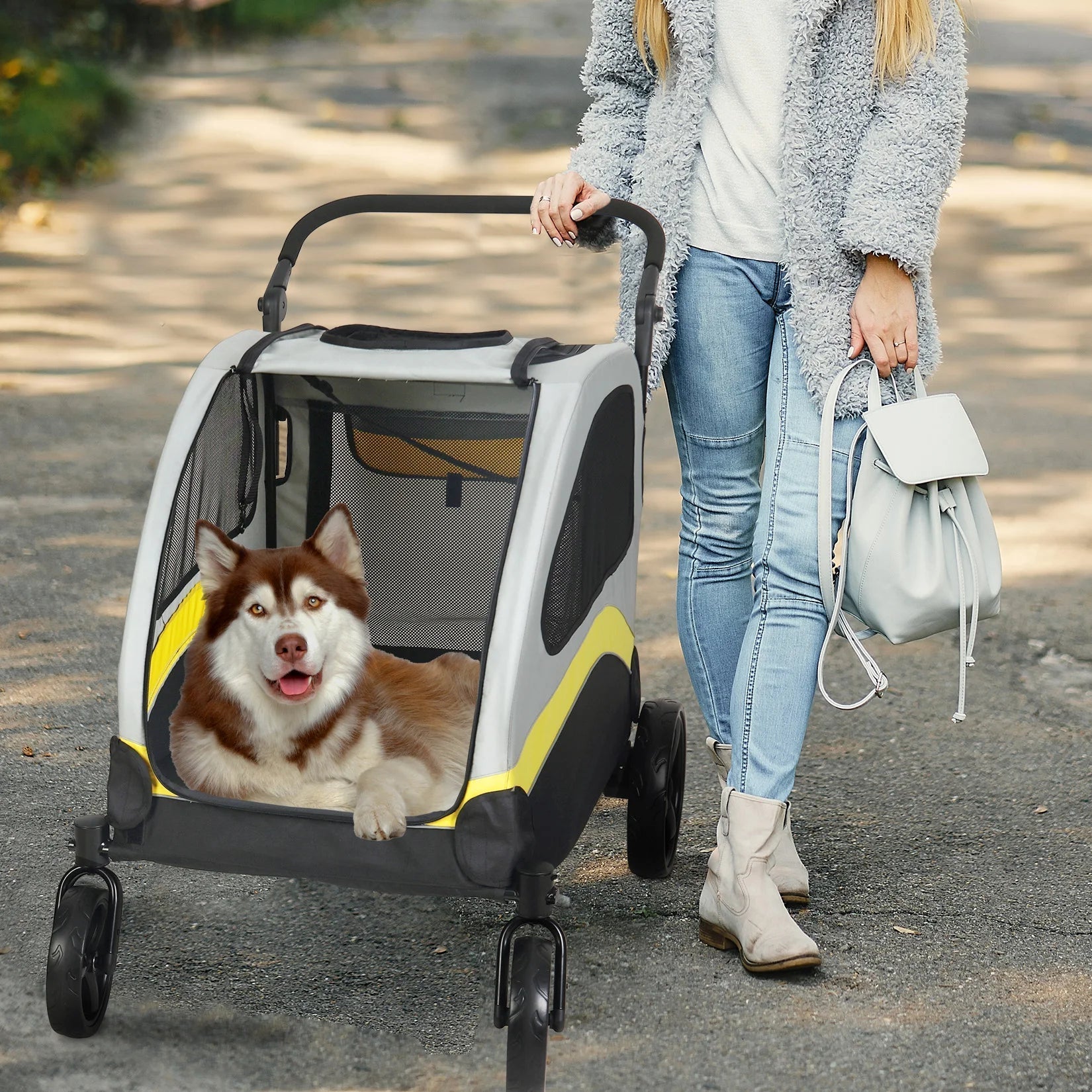 Carrito para Perros Espacioso y Plegable de 4 Ruedas para Razas Grandes