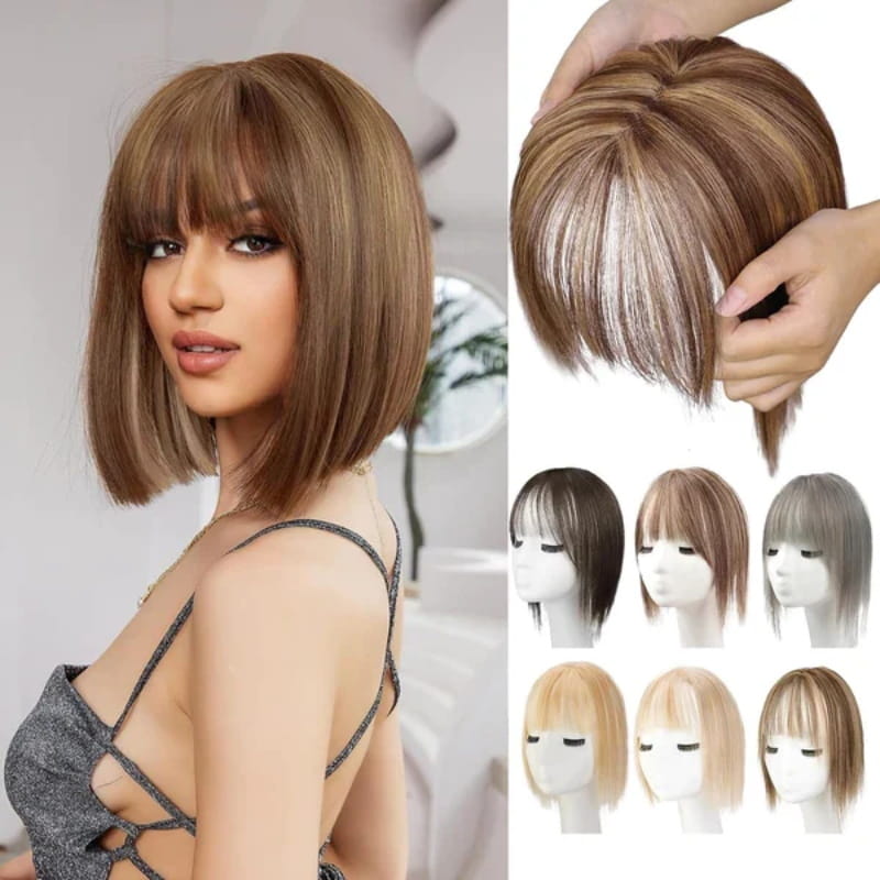 Extensión de cabello natural con flequillo para mujeres