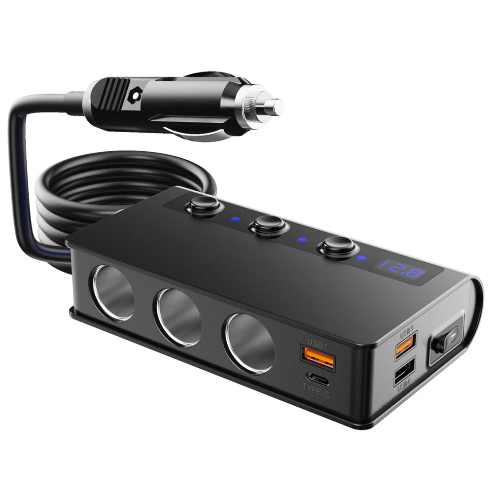 Adaptador de Cargador Rápido Universal para Coche de 4 Puertos con USB y Enchufes para Encendedor