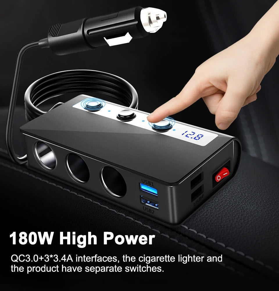 Adaptador de Cargador Rápido Universal para Coche de 4 Puertos con USB y Enchufes para Encendedor