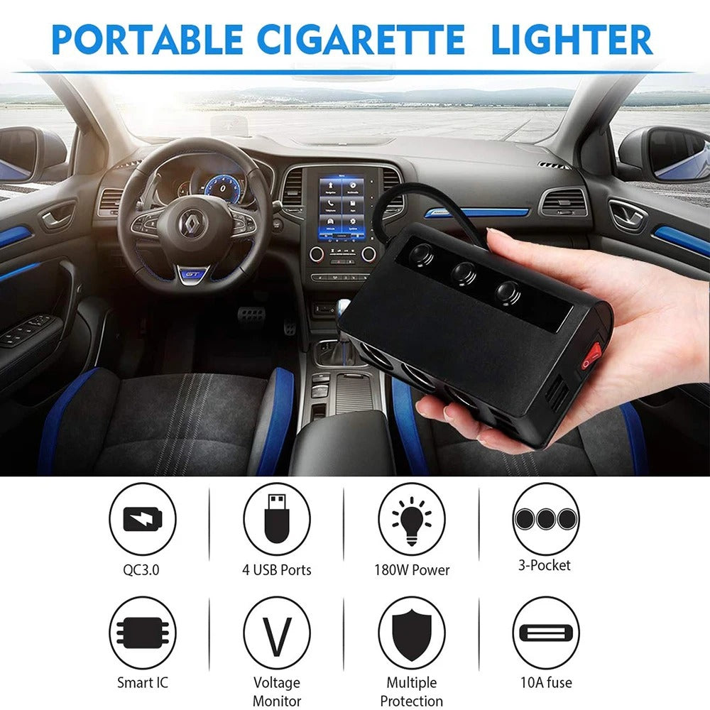 Adaptador de Cargador Rápido Universal para Coche de 4 Puertos con USB y Enchufes para Encendedor