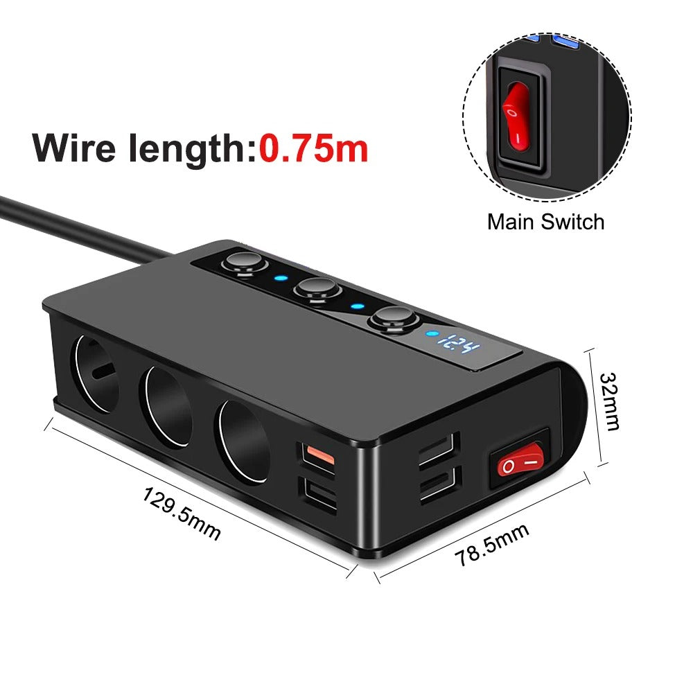Adaptador de Cargador Rápido Universal para Coche de 4 Puertos con USB y Enchufes para Encendedor