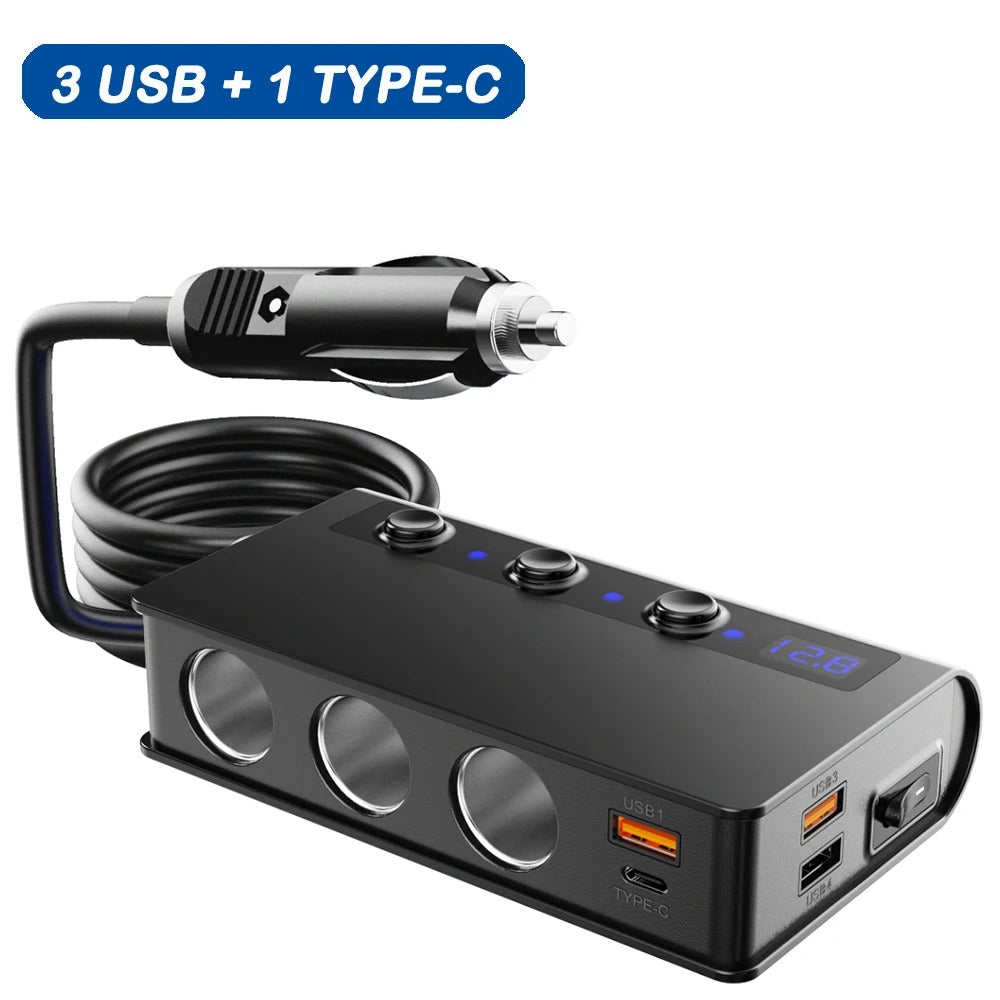 Adaptador de Cargador Rápido Universal para Coche de 4 Puertos con USB y Enchufes para Encendedor