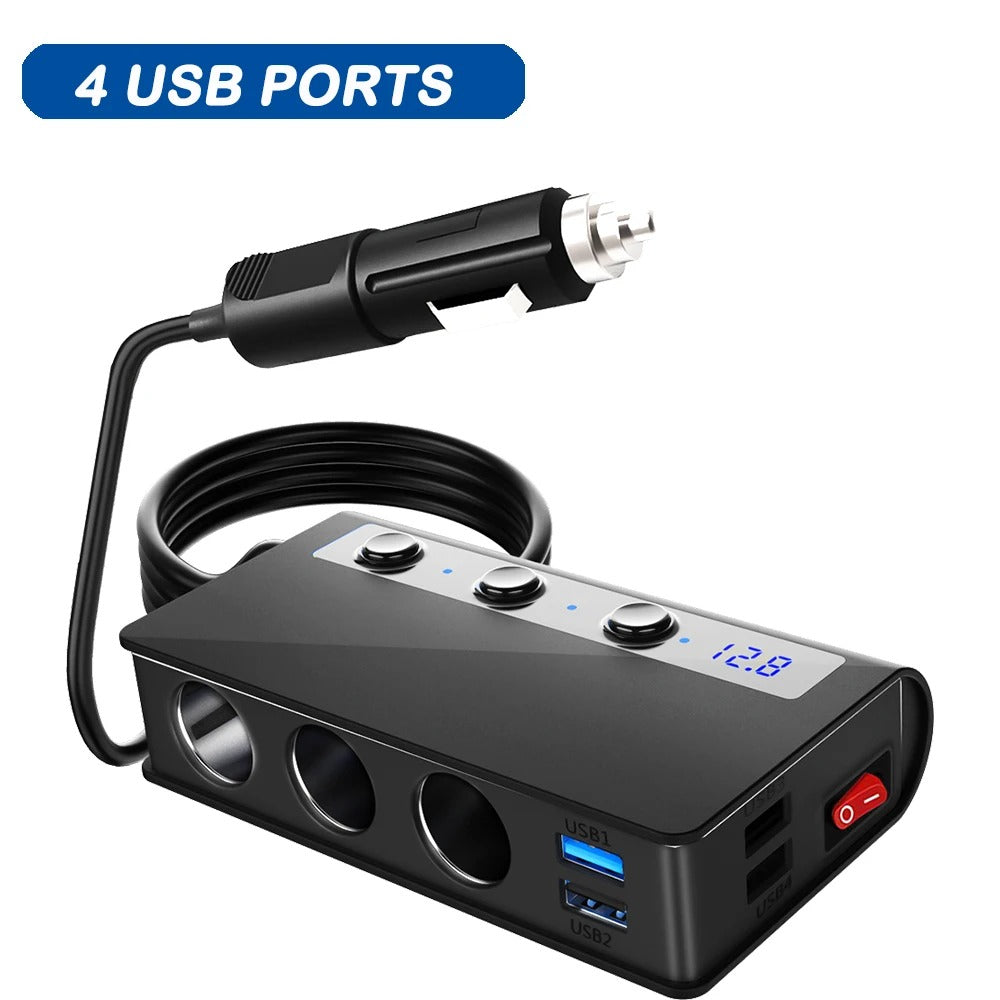 Adaptador de Cargador Rápido Universal para Coche de 4 Puertos con USB y Enchufes para Encendedor